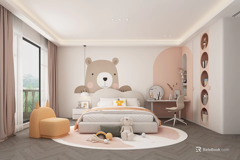Cute Kids Room Interior With Bear Wall Decor Soft Pink Beige Bed Rug Study Desk 3d model 