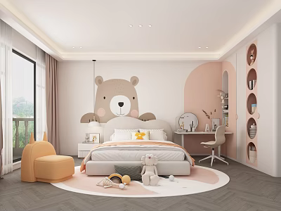 Cute Kids Room Interior With Bear Wall Decor Soft Pink Beige Bed Rug Study Desk 3d model