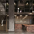 Industrial Bar Interior With Brick Wall Counter Stools Bottle Shelves And Pendant Lights