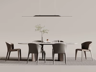 Modern Round Dining Table Set With Chairs Hanging Light And Greenery Vase 3d model