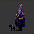 Woman Standing with Large Gnome Small Gnome and Blue Puppy in Gray Background