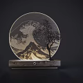 Artistic Table Lamp with Circular Design Wave Pattern Mount Fuji Tree on Wooden Base 3d model