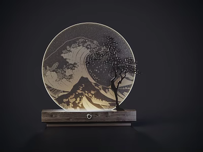Artistic Table Lamp with Circular Design Wave Pattern Mount Fuji Tree on Wooden Base 3d model