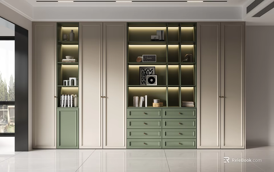 Modern Light Green And Beige Bookcase With Open Shelves Drawers Glass Doors Lighting And Decor 3d model 