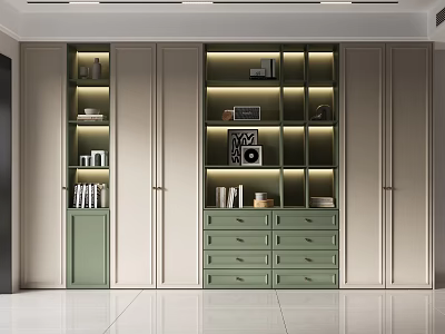 Modern Light Green And Beige Bookcase With Open Shelves Drawers Glass Doors Lighting And Decor 3d model