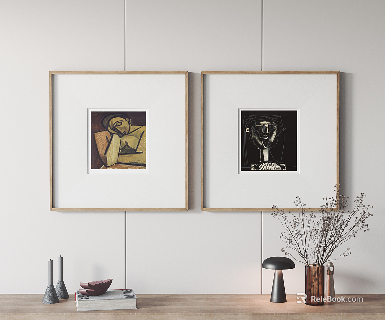 Two Gold Framed Abstract Paintings With Decorative Vases And Shelf Ornaments On Wall 3d model 