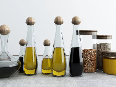 Clear Glass Spice Bottles with Wooden Lids and Various Condiments on Kitchen Countertop 3d model