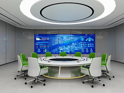 Modern Round Conference Table With Green White Chairs Large Screen Data Display In Meeting Room 3d model