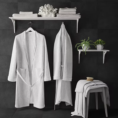 White Bathrobes Hanging On Black Wall With Small Shelf Plant And Stool Towel 3d model