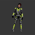 Futuristic Female Character In Yellow And Black Armor Suit Standing On Reflective Gray Background