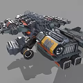 Futuristic Battle Spaceship With Multiple Turrets Mechanical Armor And Black Orange Gray Design