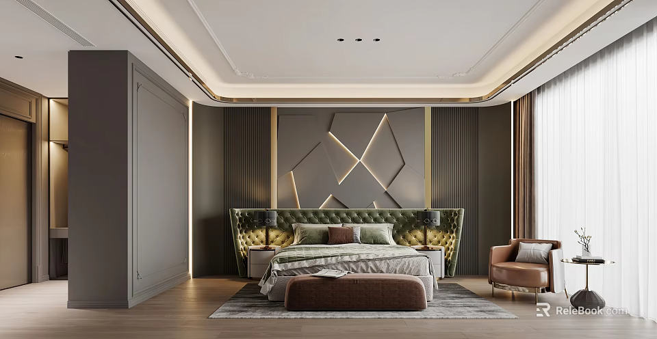 Elegant Modern Bedroom Interior Design With Geometric Headboard Ottoman And Accent Chair 3d model 