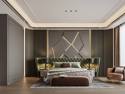 Elegant Modern Bedroom Interior Design With Geometric Headboard Ottoman And Accent Chair 3d model