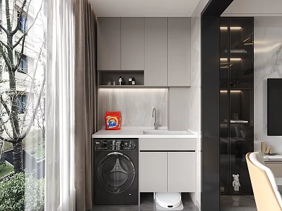 Modern Home Balcony With Washing Machine Sink Storage Cabinets Large Window And Curtain 3d model