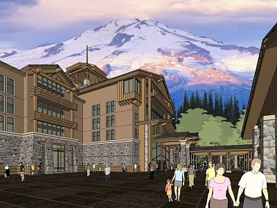 Spacious Single Family Villa Exterior With Snow Capped Mountain View And Courtyard People 3d model