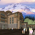 Spacious Single Family Villa Exterior With Snow Capped Mountain View And Courtyard People
