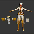 Game Movie Character In White Gold Outfit With Red Hair Hat And Mechanical Bird Companion