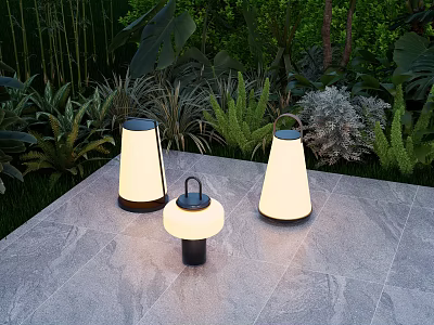 Stylish Outdoor Lights Placed On Stone Floor With Green Garden Plants 3d model