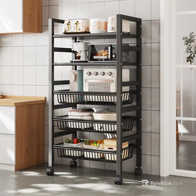 Modern Kitchen Interior With Rolling Multi tiered Storage Rack Holding Appliances Dishes And Fresh Produce 3d model 