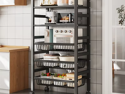Modern Kitchen Interior With Rolling Multi tiered Storage Rack Holding Appliances Dishes And Fresh Produce 3d model