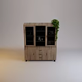Rustic Wooden Bookcase With Glass Doors Drawers And Green Plant Decor