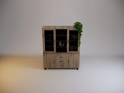 Rustic Wooden Bookcase With Glass Doors Drawers And Green Plant Decor 3d model