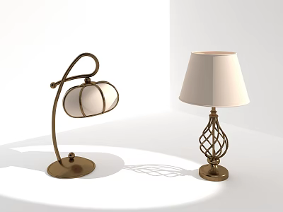Classic Table Lamps With Curved Metal Base And Intricate White Lampshade Design 3d model