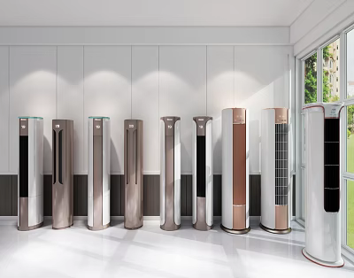 Standing Air Conditioner Fans with Modern Design and Various Colors in Bright Room 3d model