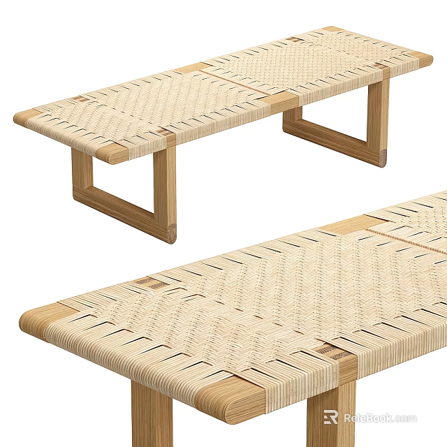 Handcrafted Wooden Bench With Natural Rattan Woven Seat And Simple Design 3d model 