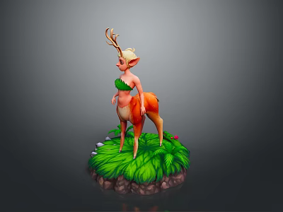 Deer Girl Fantasy Figure Standing On Green Grass Base With Leaves And Grass 3d model