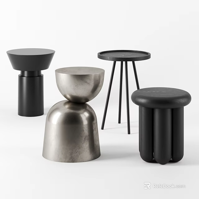 Modern Black And Silver Side Tables With Round Top And Varied Metal Base Designs 3d model 