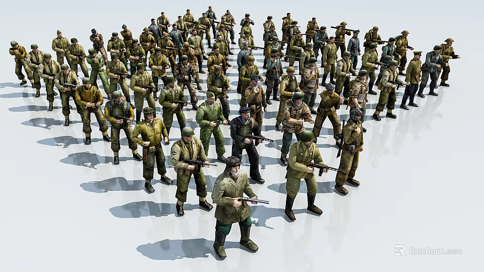 Group of Military Soldiers Standing in Formation Holding Rifles in Green Uniforms 3d model 