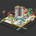 Cartoon Style Colorful Building Scene With Coco Sign Trees Street Lamp Outdoor Seating And Vehicle