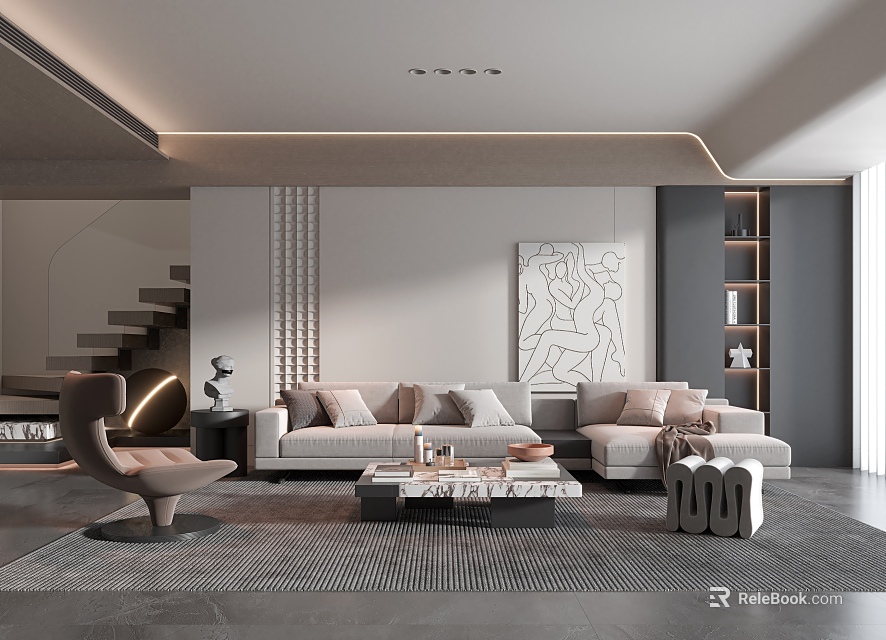 Modern Living Room Interior With Beige Sectional Sofa Coffee Table Accent Chair And Decorative Painting 3d model 