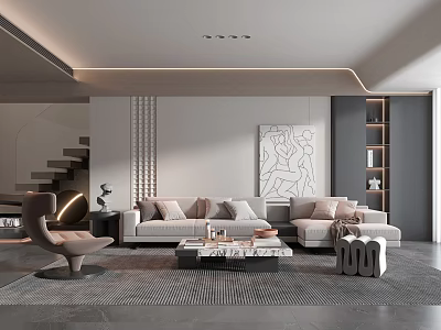 Modern Living Room Interior With Beige Sectional Sofa Coffee Table Accent Chair And Decorative Painting 3d model