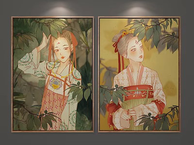 Two Elegant Figure Paintings of Women in Traditional Attire with Leafy Backgrounds 3d model