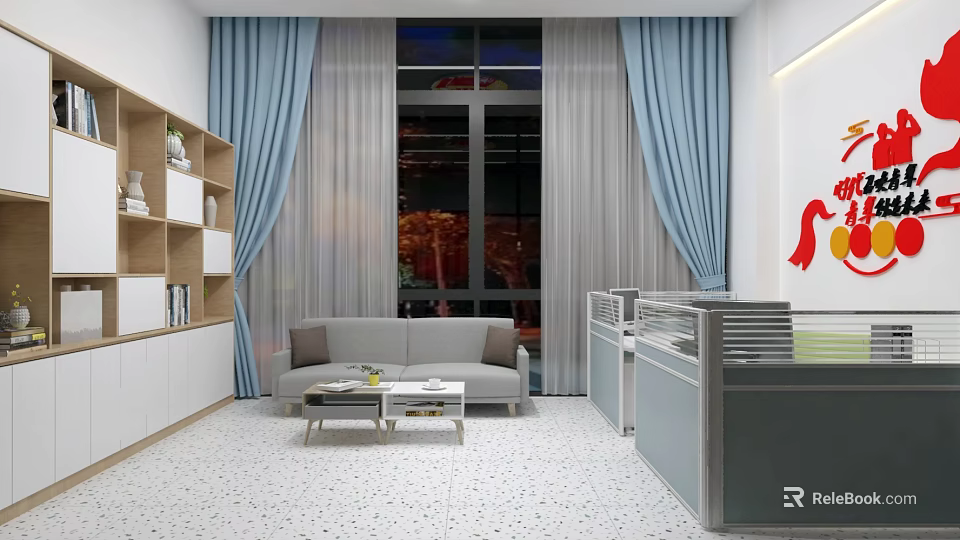 Modern Office Interior With Blue Curtains Large Windows Gray Sofa White Bookshelf And Decorative Art 3d model 
