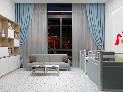 Modern Office Interior With Blue Curtains Large Windows Gray Sofa White Bookshelf And Decorative Art 3d model