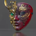 Game and Movie Character Gold Red Ornate Mask with Horns Green Eye Intricate Patterns