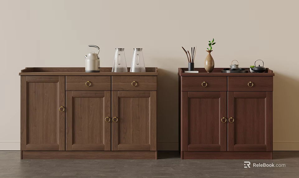 Modern Wooden Sideboards with White Kettle Glass Bottles Vase Green Plant and Tableware 3d model 