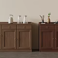 Modern Wooden Sideboards with White Kettle Glass Bottles Vase Green Plant and Tableware