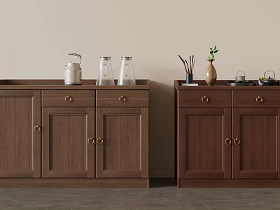 Modern Wooden Sideboards with White Kettle Glass Bottles Vase Green Plant and Tableware 3d model