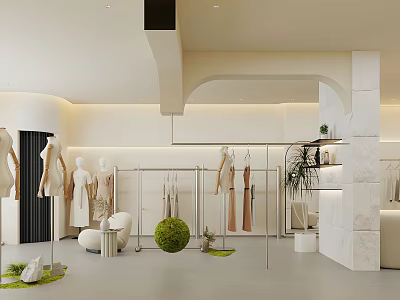 Modern Fashion Clothing Store Interior With Mannequins Hanging Clothes And Green Plants 3d model