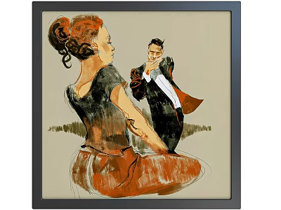 Figurative Painting Featuring Woman With Updo And Man In Black Suit Red Cape Interacting 3d model