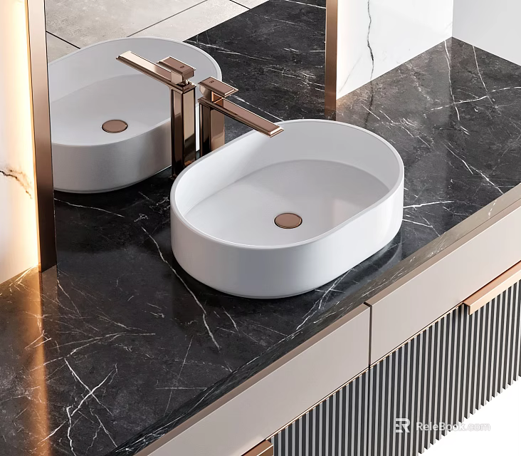 Modern White Washbasin on Black Marble Countertop with Gold Faucet and Cabinets with Gold Handles 3d model 