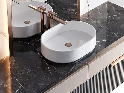 Modern White Washbasin on Black Marble Countertop with Gold Faucet and Cabinets with Gold Handles 3d model