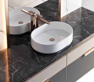 Modern White Washbasin on Black Marble Countertop with Gold Faucet and Cabinets with Gold Handles 3d model