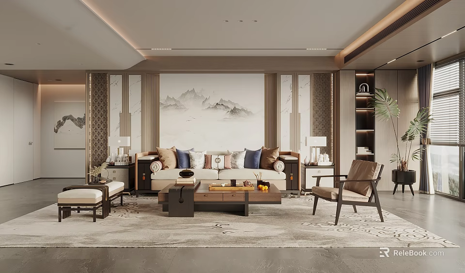 Modern Chinese Living Room Interior With Sofa Coffee Table Decorative Painting And Plant 3d model 