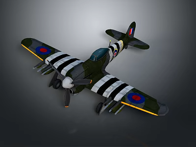 Vintage Fighter Aircraft Green Black White Striped Paint Round Wing Insignia Propeller And Cockpit 3d model