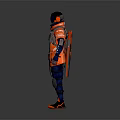 Futuristic Character In Orange Blue Protective Gear With Mechanical Creature Companion